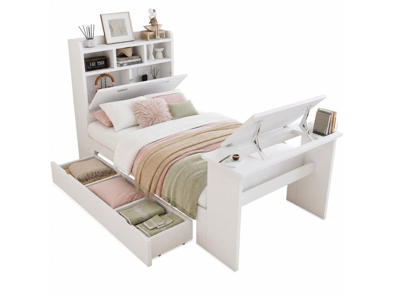  Lit enfant 90 x 200 cm blanc avec rangement, tiroir et table pliante réglable  - Conforama A