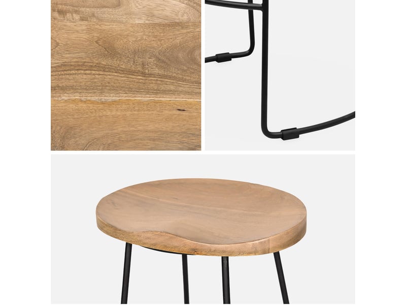  Lot de 4 tabourets de bars bois de manguier naturel et acier. Avec repose pieds. 65cm  - Conforama E