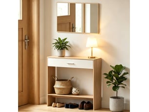 Table console de rangement avec miroir mural, tiroir et étagère, chêne clair et blanc