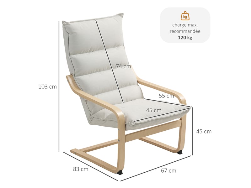  Fauteuil salon fauteuil de loisirs moderne fauteuil chambre avec accoudoirs incurvés, coussins, 67 x 83 x 105 cm, crème  - Conforama C