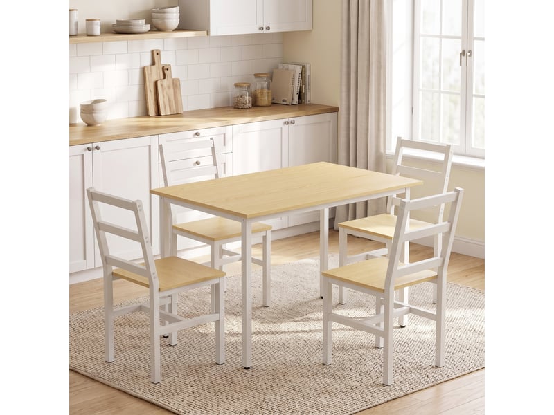  Ensemble table salle à manger avec 4 chaises, chaises à dossier à lattes, table rectangulaire 108 cm, chêne et blanc  - Conforama D