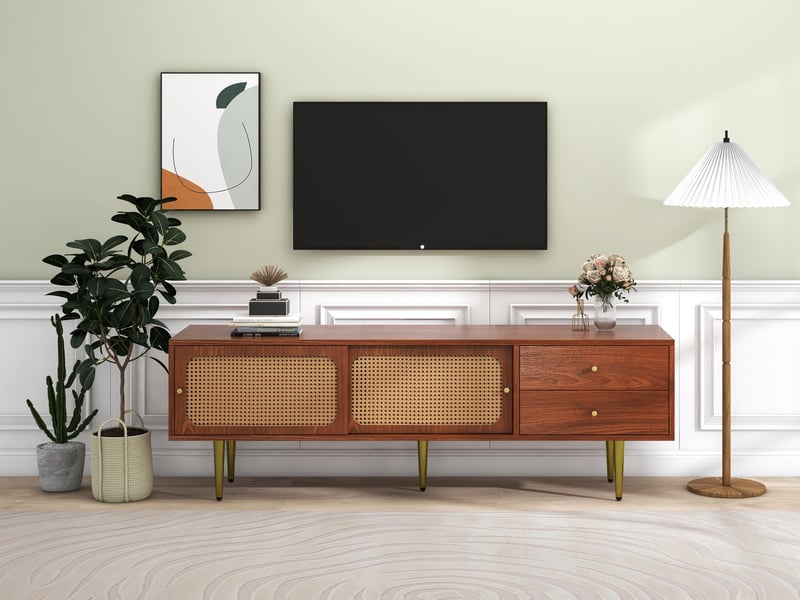  Meuble tv noyer 160 cm avec portes coulissantes en rotin pe et 2 tiroirs, support tv jusqu'à 70 pouces  - Conforama R