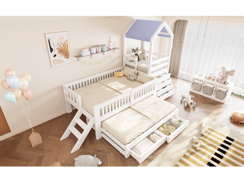 Lit jeune, 307x95x173,7 cm, rangement intégré, tiroirs, en bois massif, blanc LDF00647AAK-conf-NEW - Conforama E