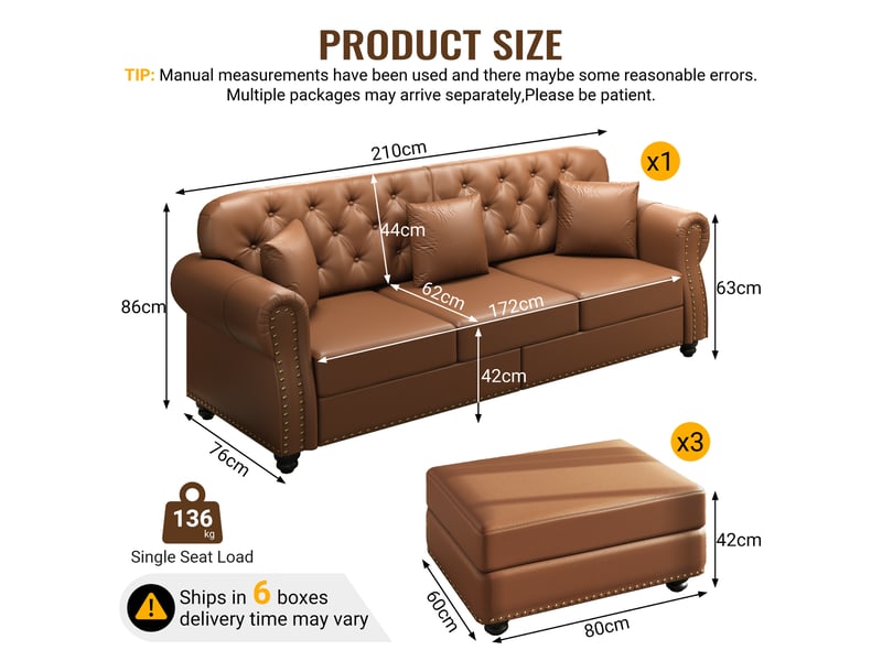  Salon chesterfield 6 places avec pouf en simili cuir marron, 210 cm Fay Lum - Conforama C