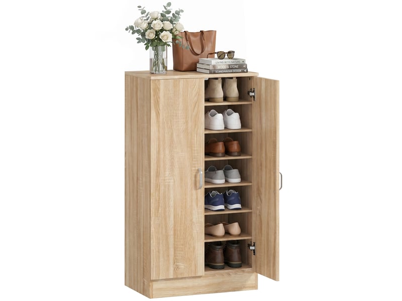  Meuble à chaussures à 2 portes, 6 étagères réglables, charnières à fermeture douce, pour 14 paires de chaussures, en bois naturel  - Conforama A