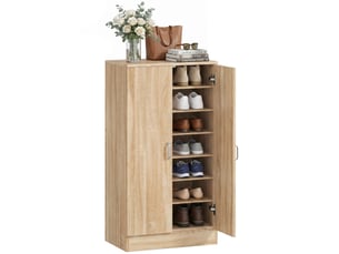 Meuble à chaussures à 2 portes, 6 étagères réglables, charnières à fermeture douce, pour 14 paires de chaussures, en bois naturel