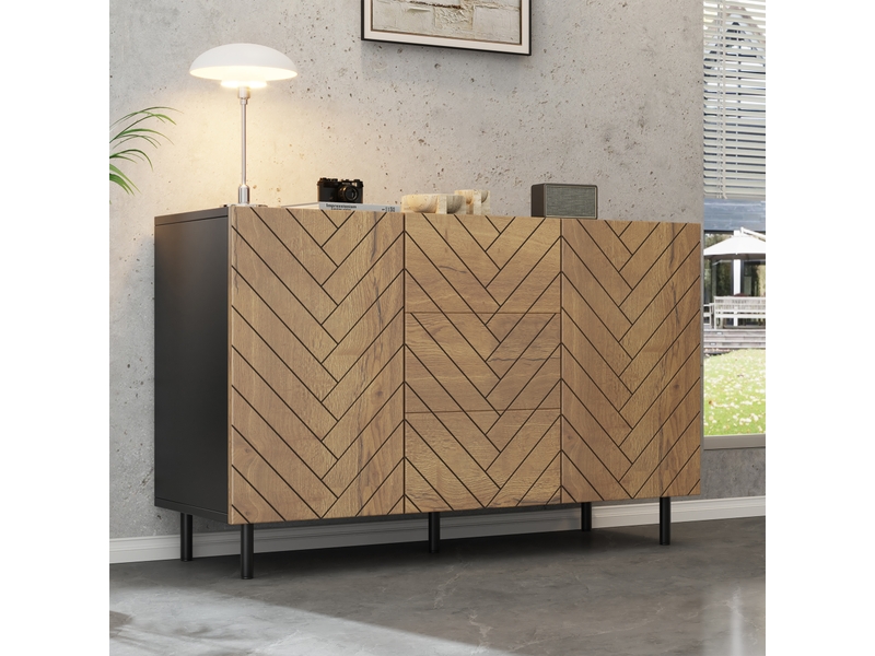  Buffet de salon 120 × 40 × 76 cm, noir et bois naturel, 3 tiroirs et 2 placards fermés, rangement moderne  - Conforama D