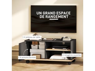 Meuble tv sur roulettes avec 2 freins - en bois noir chêne clair - 2 niches + placard porte 2 passe-fil