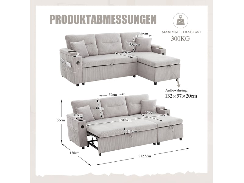 Canapé convertible 3 places avec chaise longue, usb-c et porte-gobelets, en velours côtelé gris clair 212,5 × 136 × 86 cm - Conforama E