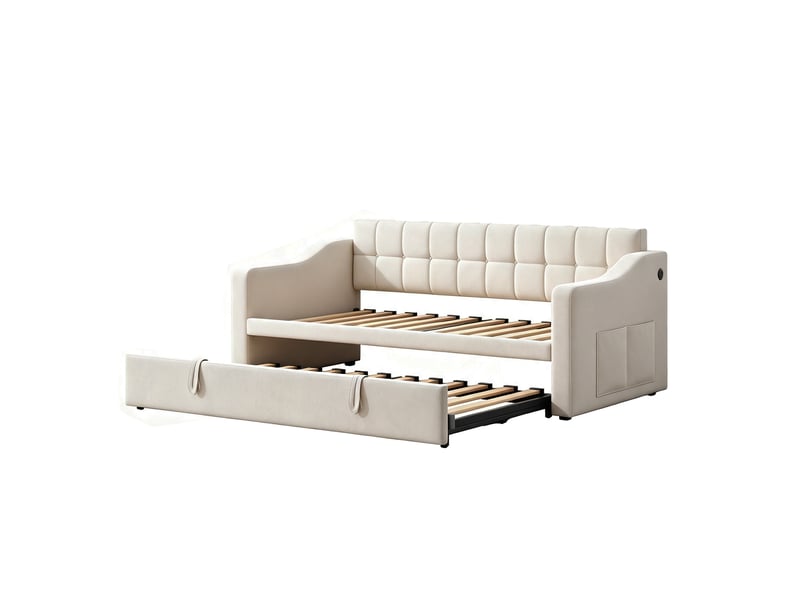  Lit banquette 90×180×190 cm avec prise et poche de rangement, velours beige  - Conforama E