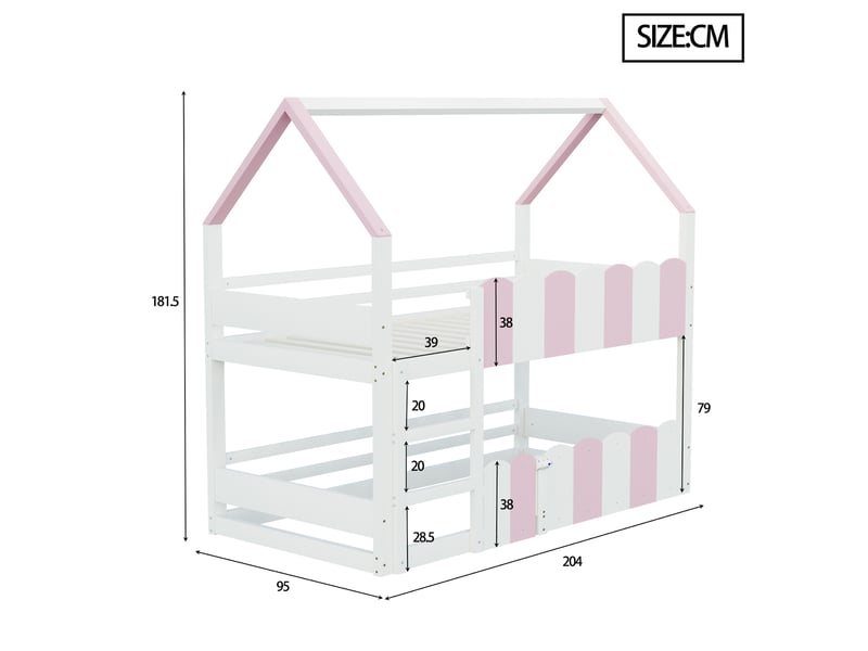 Lit mezzanine enfant 90x200 cm, forme maison, espace inférieur modulable, barrières de sécurité, échelle, bois et mdf, rose OMNIGLINT TRADING LTD - Conforama C