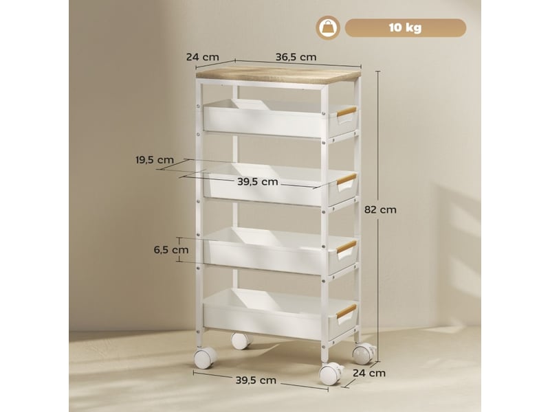 Chariot de cuisine cinq niveaux de rangement quatre tiroirs cadre métal aspect bois coloris blanc - Conforama C