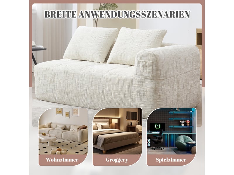  Canapé 2 places chaise longue avec coussin, poches latérales et assise confortable en chenille beige  - Conforama E