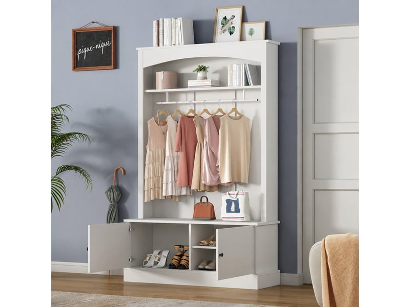  Meuble d’entrée blanc avec banc à chaussures, penderie, rangements réglables, 120 x 40 x 190 cm, blanc  - Conforama C