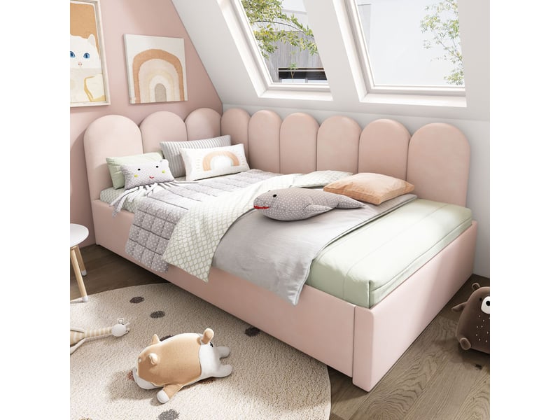 Lit banquette enfant 90x200 cm avec lit gigogne 90x190 cm-sommier à lattes en velours-design rembourré-rose - Conforama B