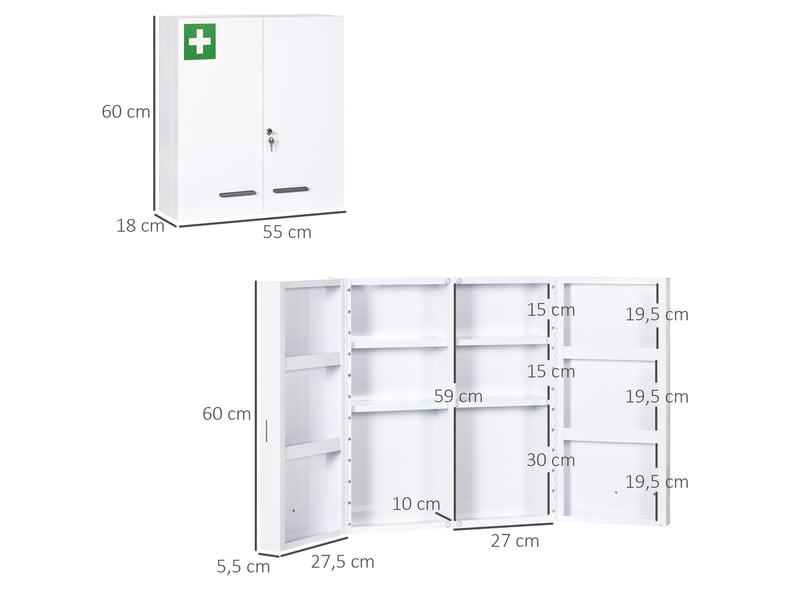  Armoire à pharmacie murale 55x18x60 cm blanche en acier, 2 portes verrouillables avec 6 étagères  - Conforama C
