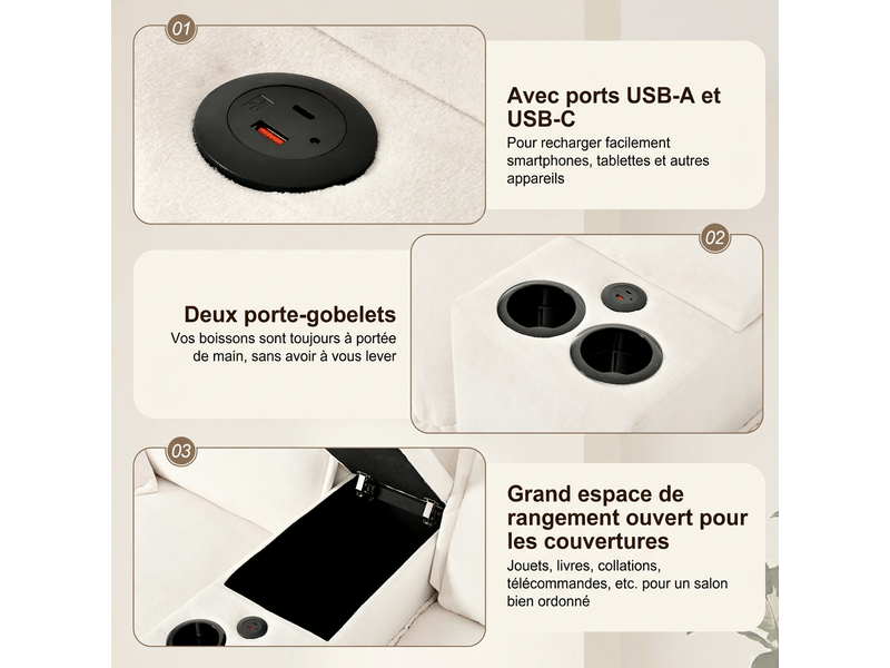  Canapé d'angle modulable beige avec pouf, ports usb et rangement - tissu chenille 224x151x90 cm  - Conforama D