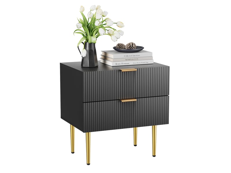  Table de chevet avec 2 tiroirs, poignées et pieds métal pour chambre en mdf noir  - Conforama A