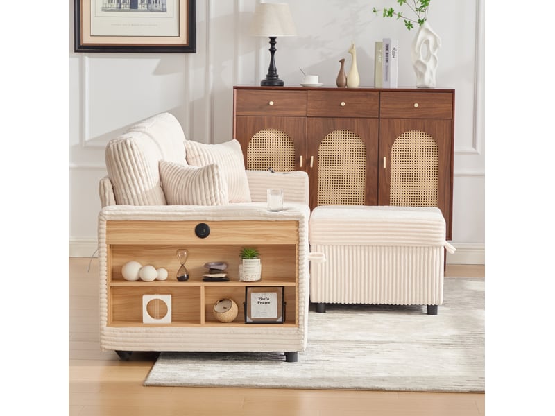  Canapé 3 places convertible en velours côtelé beige avec rangement, led et usb-c  - Conforama D
