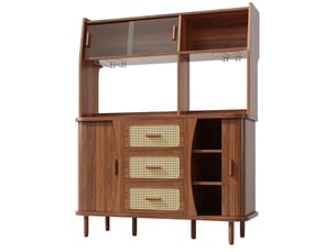 Buffet cuisine haut 174x140 cm, armoire rangement avec portes coulissantes verre et 3 tiroirs, design moderne bois et métal couleur noyer