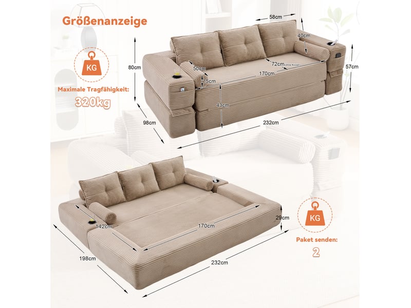  Canapé convertible 3 places en velours côtelé beige avec poches latérales et porte-gobelets  - Conforama C