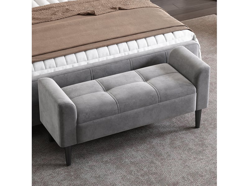  Banc de lit 116x44x56 cm avec accoudoirs, style polyvalent, motif matelassé, mdf, velours, pour salon et chambre, gris  - Conforama D