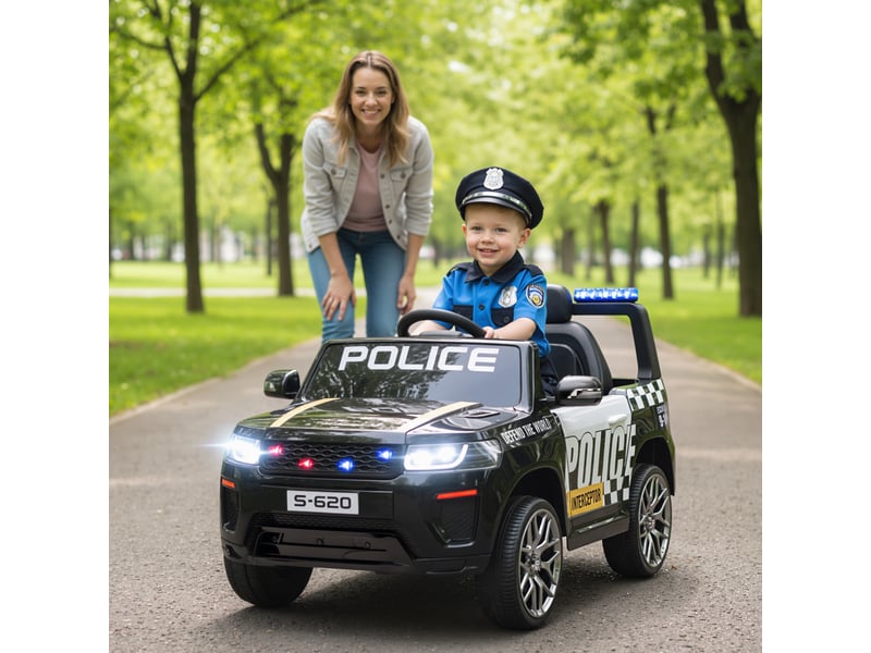 Voiture de police électrique pour enfants avec télécommande, double moteur, sirène, suspension 4 roues et phares - noire - Conforama C