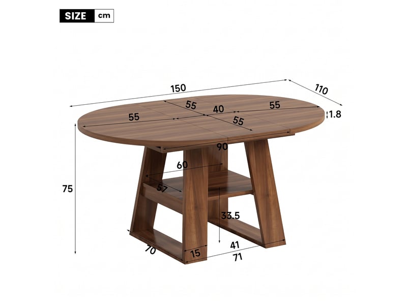 Ensemble de salle à manger moderne 4 à 6 personnes – table ronde extensible 110/150 x 110 cm avec étagères + 4 chaises rembourrées à dossier ovale – coloris noyer - Conforama C