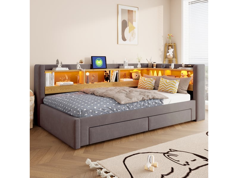  Lit gigogne 90x200 cm avec lit tiroir extensible 180x200 cm, rangement, led et prise, lit banquette multifonction en velours - gris foncé  - Conforama E