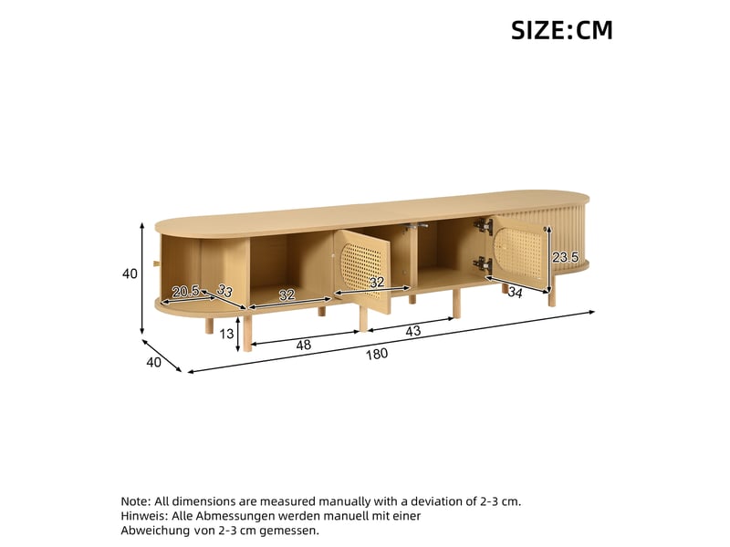  Meuble tv en bois 180cm - 2 portes rotin, 2 portes à rideau - style rustique - bois clair  - Conforama C