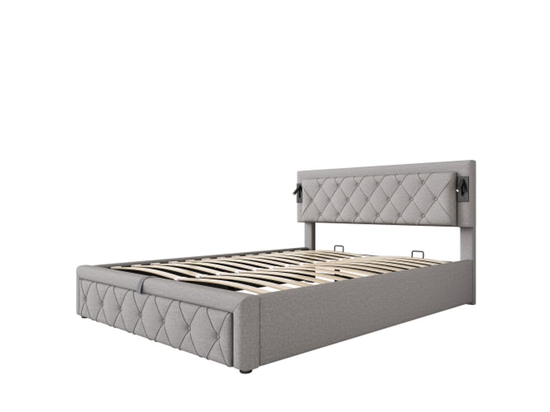  Lit coffre 160x200 cm gris led usb tête losanges et sommier lin  - Conforama A