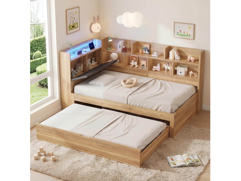 Lit gigogne enfant 90x200 avec rangement, led et ports usb type-c naturel cravdom - Conforama C