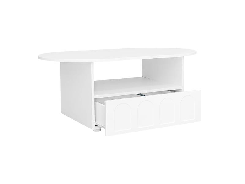  Table basse 100x60x39cm, table de salon avec tiroir de rangement, plateau en forme de nuage, panneau de particules, blanc  - Conforama A