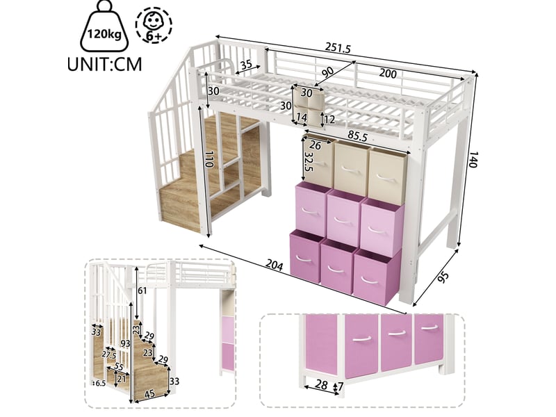  Lit mezzanine enfant 90x200 cm blanc avec rangements et tringle à vêtements  - Conforama C