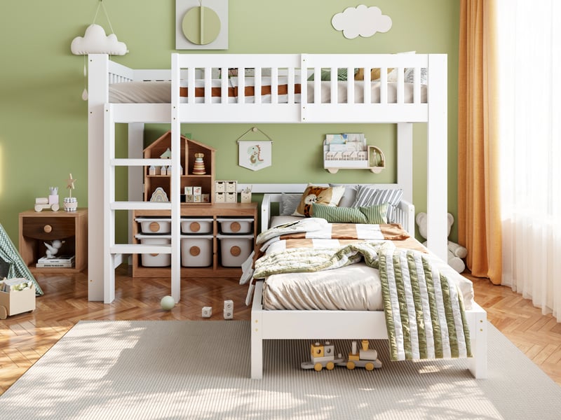  Lit mezzanine et lit simple 90x200cm, combinables librement, avec sécurité, bords arrondis, blanc  - Conforama B