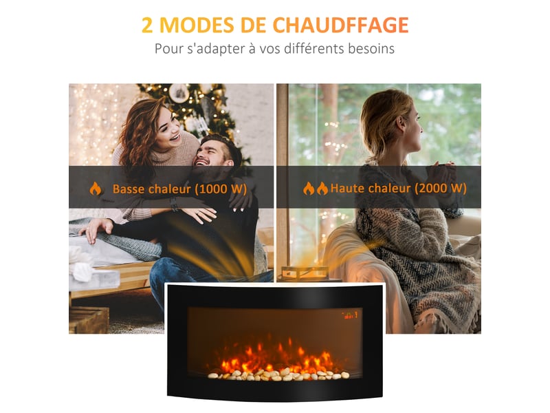  Cheminée électrique murale noire avec led et télécommande, 10002000 w  - Conforama R