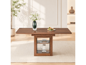 Table à manger extensible - plateau mdf noyer - rangement intégré - rails métal silencieux - coins arrondis - capacité 8 personnes - noyer