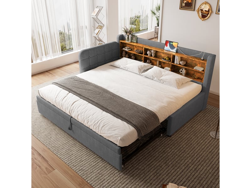 Lit gigogne 90180x200 cm, sommier inclus, usb-c, tissu lin gris, structure mdf, sans matelas - Conforama B