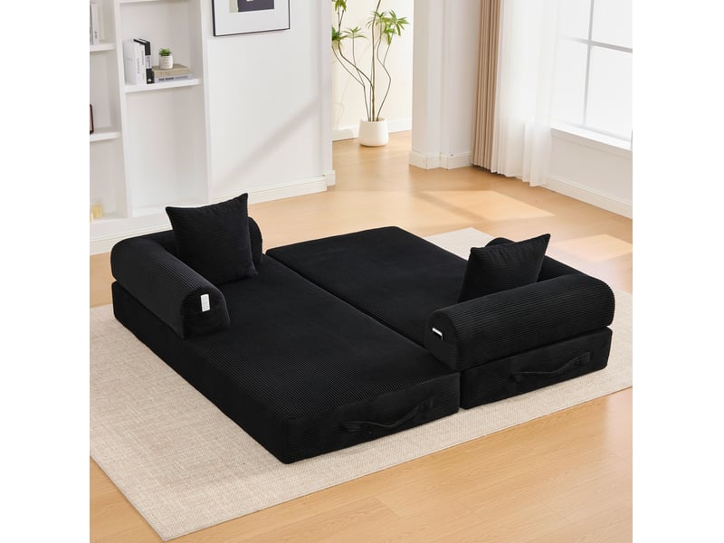 Canapé modulaire 3 places convertible avec poches latérales et 3 coussins en velours côtelé noir - Conforama E