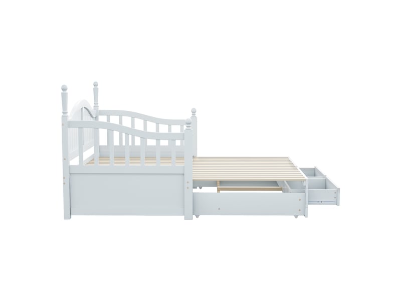  Canapé-lit extensible en bois massif blanc – colonnes décoratives et tiroirs intégrés – 90x180 cm  - Conforama D