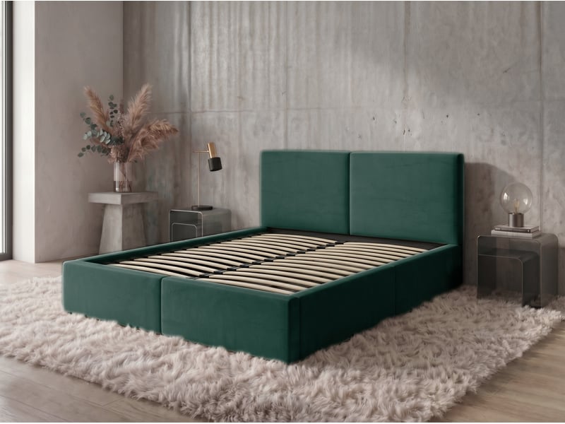  Lit coffre rembourré 120x200 2 places avec sommier relevable gratuit inclus et tête de lit - lit adulte avec rangement – vert Hilton Interbeds - Conforama E