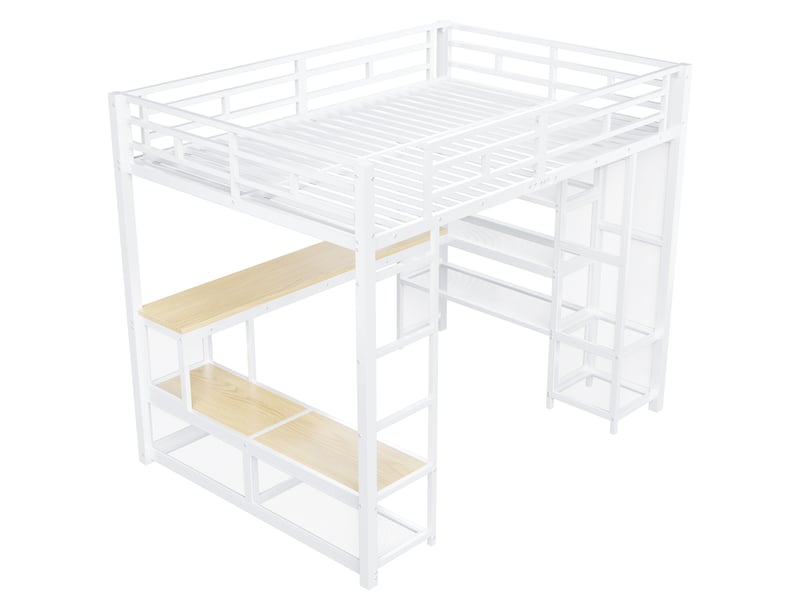 Lit mezzanine 140x200 cm avec bureau intégré, étagères et penderie ouverte, led 16 couleurs, usb, garde-corps hauts, métal blanc Radiant Stride - Conforama E