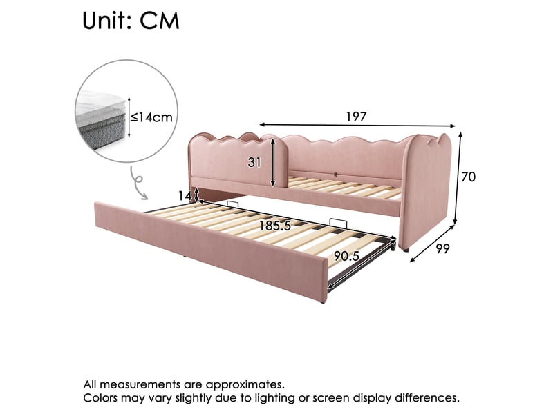 Lit enfant gigogne 90x190 cm avec sommier à lattes, revêtement velours rose - Conforama E