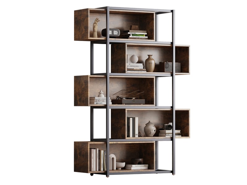  Bibliothèque industrielle à 5 niveaux 121x35x176 cm – marron foncé et noir – rangement ouvert modulable  - Conforama A
