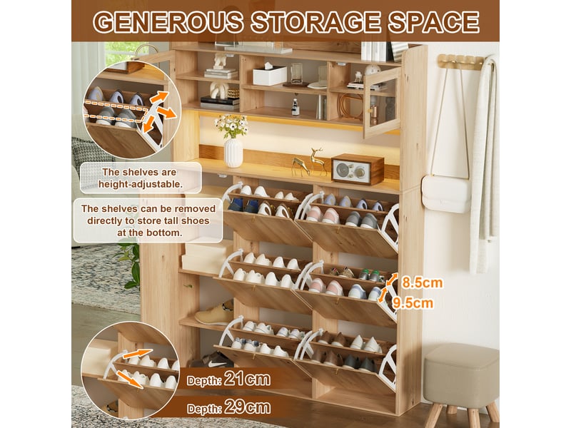 Meuble à chaussures 130x25x180 cm armoire à chaussures avec led 6 compartiments basculants 3 portes pour entrée salon, naturel - Conforama E