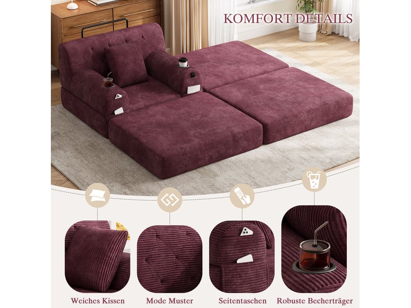  Fauteuil-lit convertible 107x162x81 cm, ouvert 191 cm, velours côtelé, porte-gobelets rouge lie-de-vin sans matelas  - Conforama E