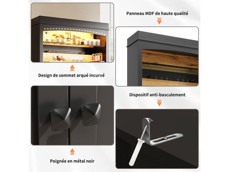  2x meuble de cuisine, buffet haut cuisine 107x43x184 cm, vitrine, buffet avec éclairage led, 6 crochets pour tasses,étagère ouverte  - Conforama D