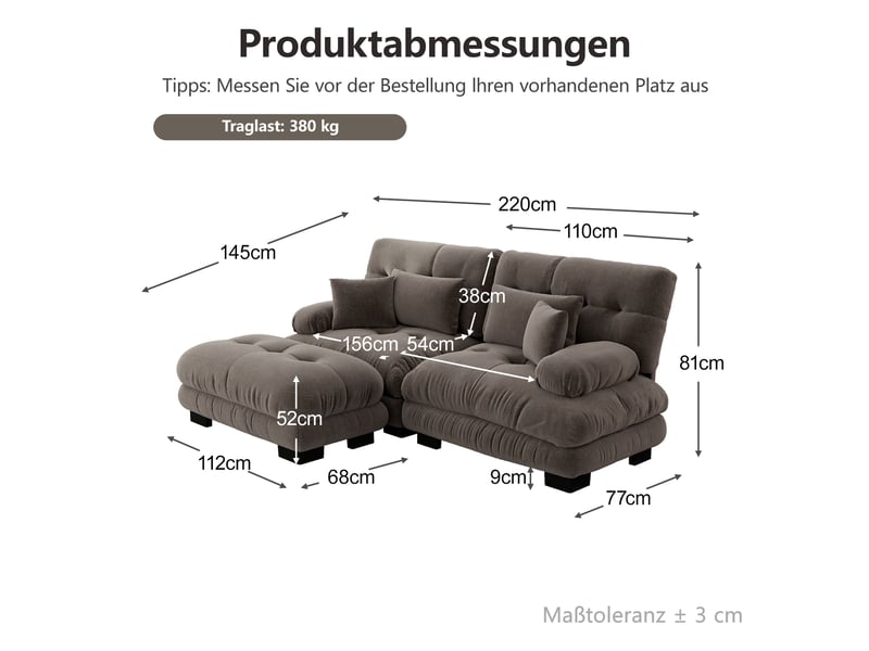  Canapé modulaire 220x145x81cm 2 places, assise profonde, meuble de salon, structure bois, revêtement chenille, marron  - Conforama C