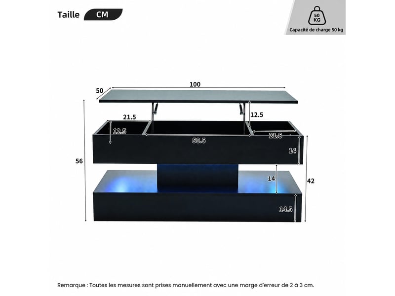  Table basse relevable avec plateau réglable et rangement caché, éclairage led bluetooth, 100 x 50 x 42 cm, noire  - Conforama D