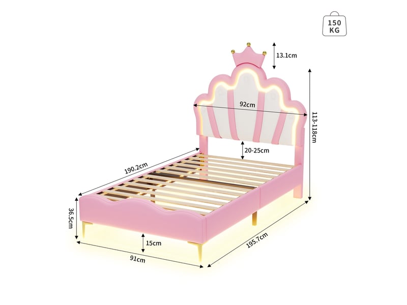  Lit 90x190cm - lit enfant 90x190 - lit simple rembourré avec tête de lit couronne , led rgb, moderne -en similicuir pu rose  - Conforama E